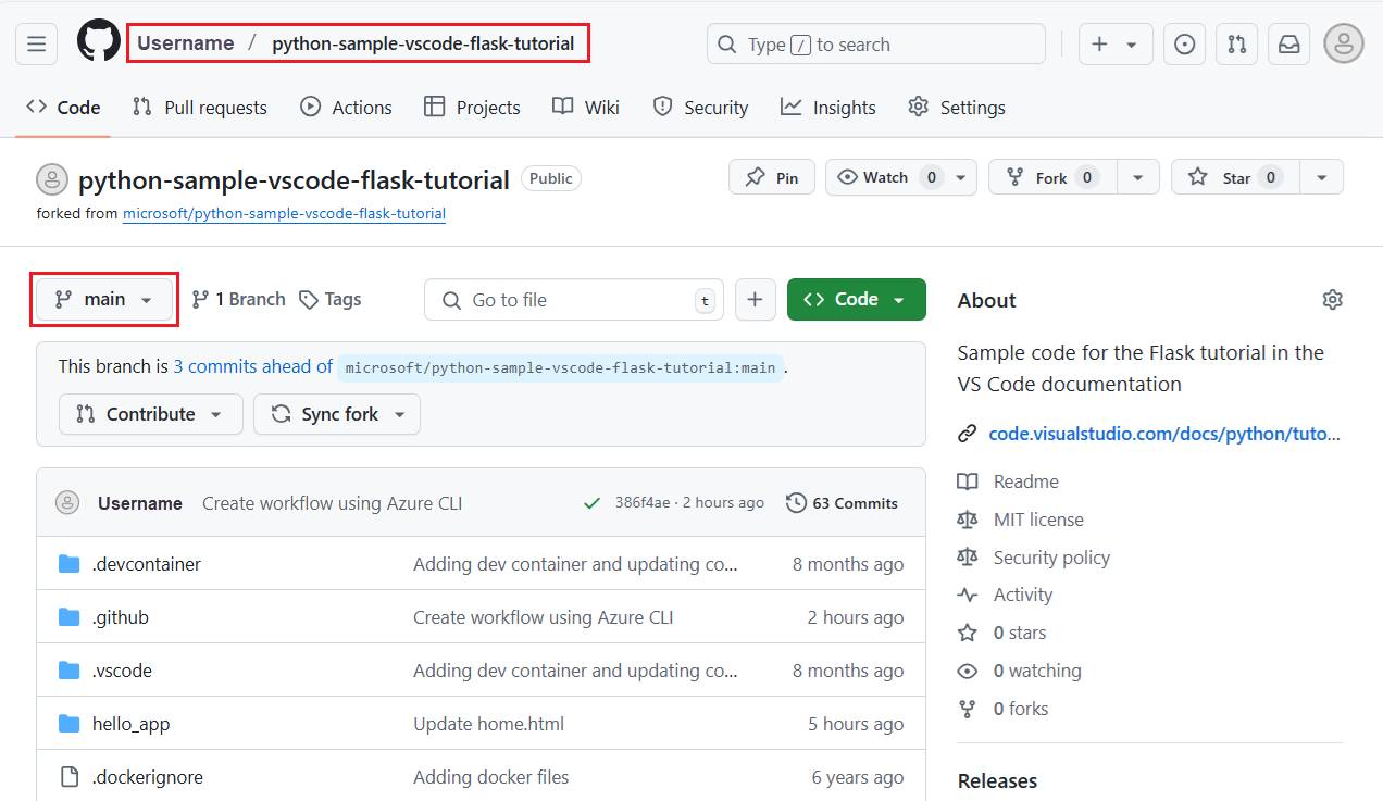 Captura de tela que mostra como ir para o repositório e a ramificação onde o fluxo de trabalho Ações do GitHub está definido.