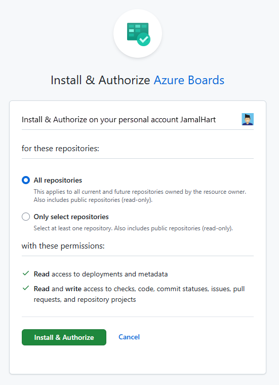 A captura de tela mostra a página Instalar e Autorizar com todos os repositórios selecionados.