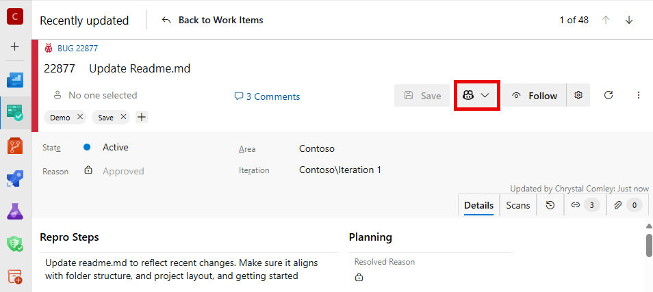 Captura de ecrã mostrando o ícone de GitHub Copilot destacado no item de trabalho.
