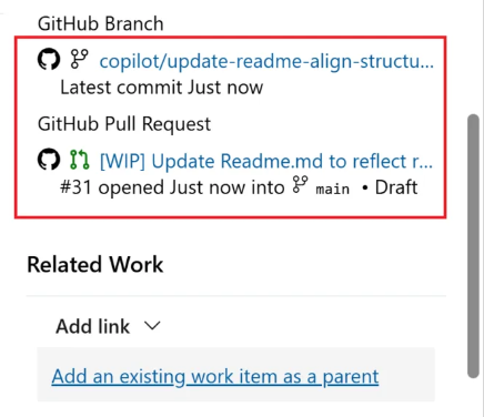 Captura de ecrã da secção de Desenvolvimento mostrando um pull request de GitHub ligado com indicadores de detalhe de encerramento, revisão e estado de verificação. 
