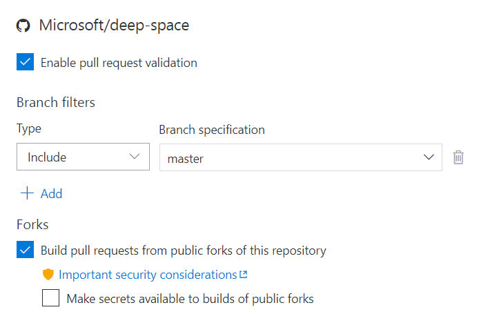 Configuração para a validação do pull request das compilações de forks públicos