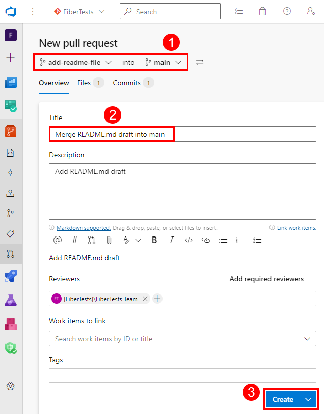 Captura de ecrã do formulário 'Novo Pull Request' no portal Web do Repositórios do Azure.