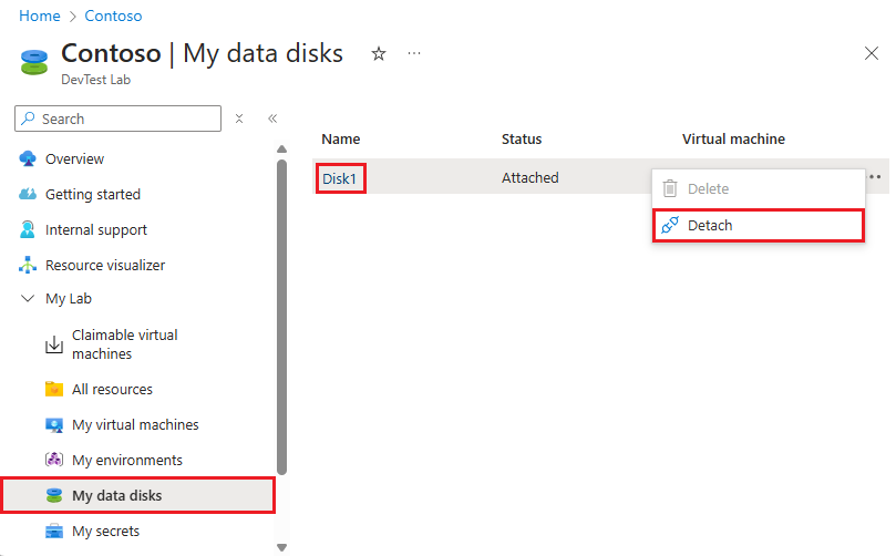 Captura de ecrã a mostrar a desanexação de um disco de dados do menu de contexto do anúncio.