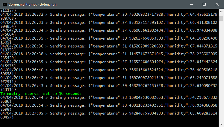 Captura de tela de uma janela de terminal que mostra o resultado da mensagem direta e a saída atualizada do aplicativo do dispositivo simulado.