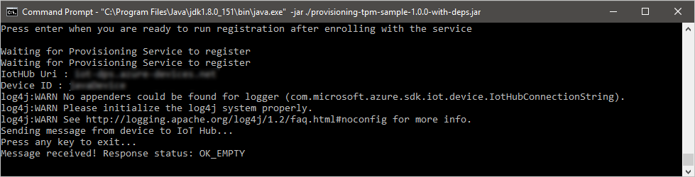 Captura de tela de uma janela do Prompt de Comando mostrando a saída do código de exemplo Java.