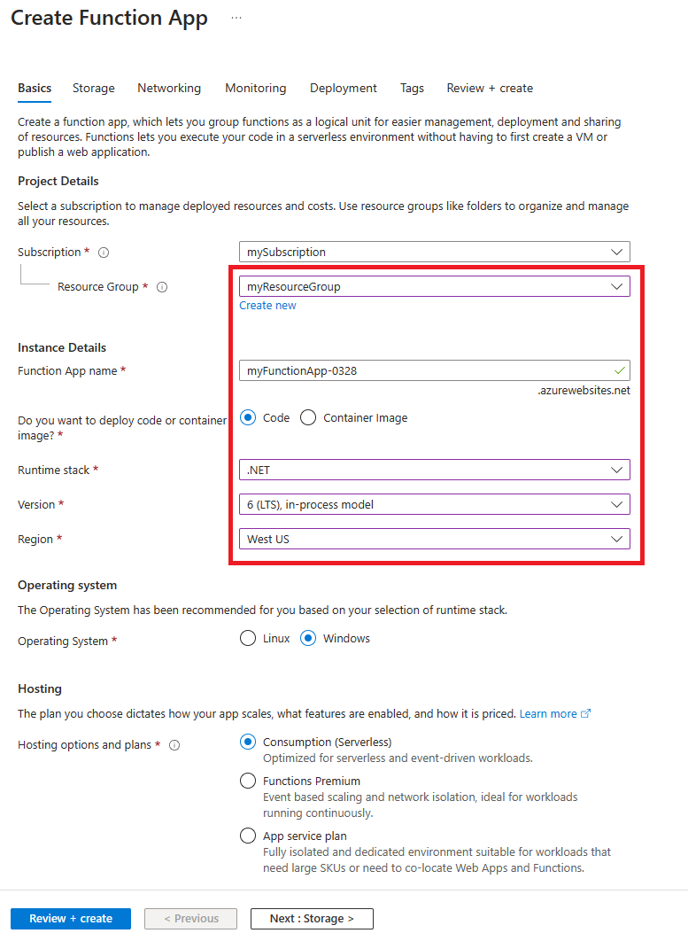 Captura de ecrã que mostra a página Criar Aplicação de Função no portal Azure.