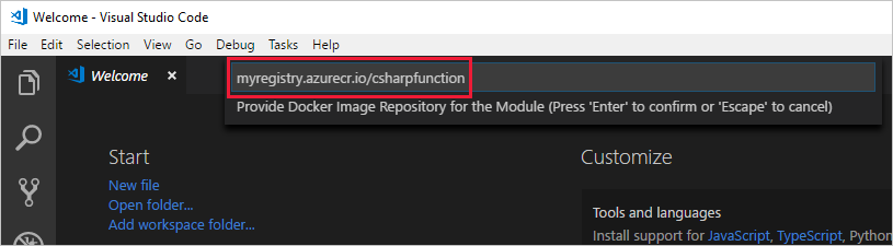 Captura de ecrã a mostrar onde adicionar o nome do seu repositório de imagens Docker em Visual Studio Code.