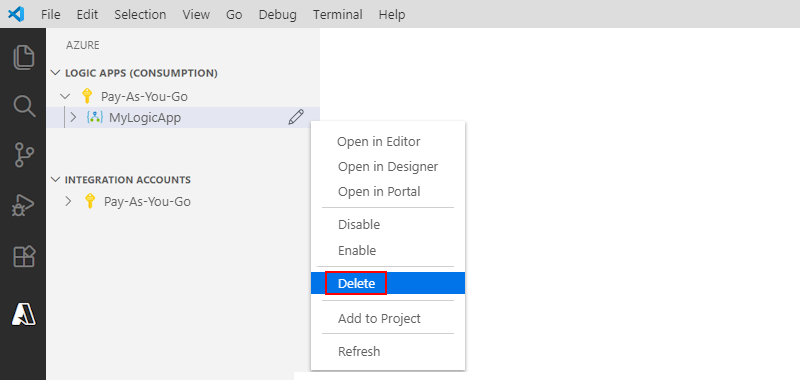Captura de ecrã que mostra o Código do Visual Studio e como eliminar um recurso de aplicação lógica.