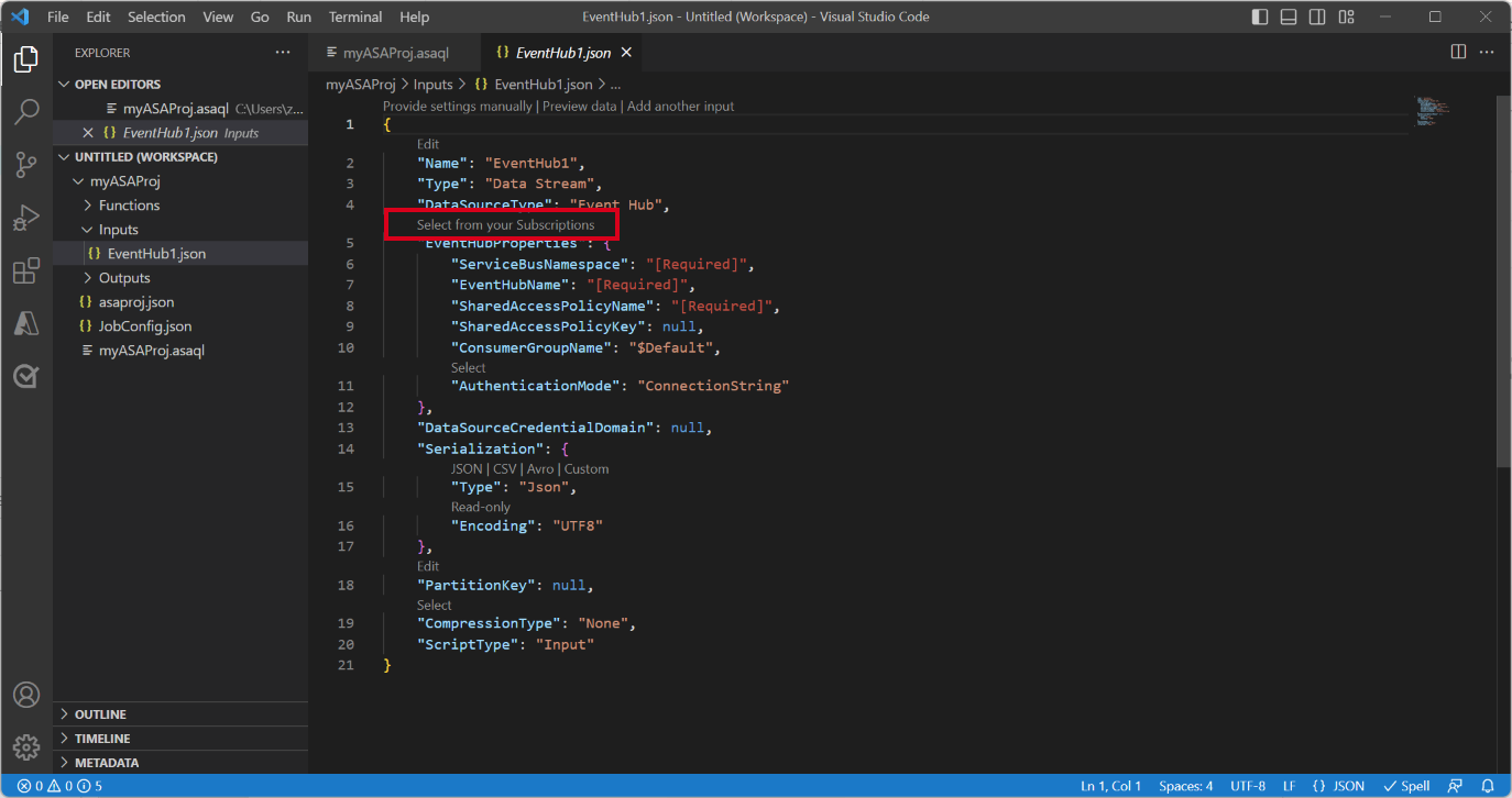 Screenshot da extensão VS Code a mostrar os ficheiros json de entrada.