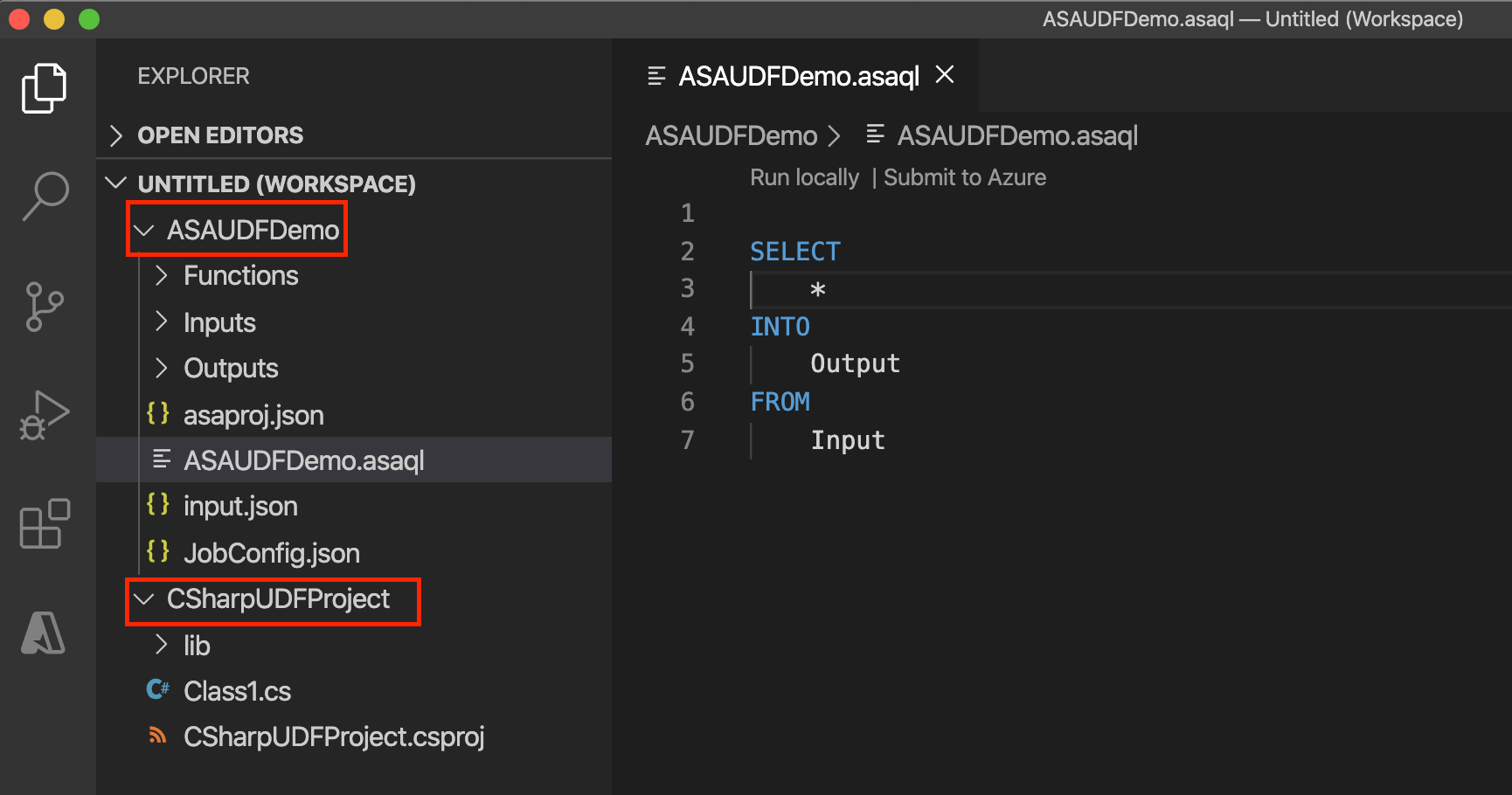 Projeto Azure Stream Analytics em Visual Studio Code