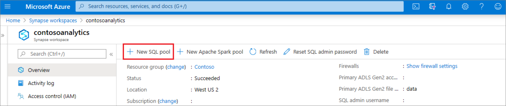 Visão geral do espaço de trabalho Synapse com uma caixa vermelha ao redor do comando para criar um novo pool SQL dedicado.