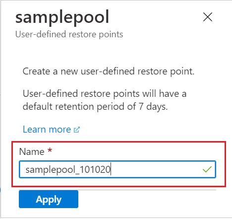 Captura de ecrã do portal do Azure, fornecendo o nome do novo ponto de restauro definido pelo utilizador.