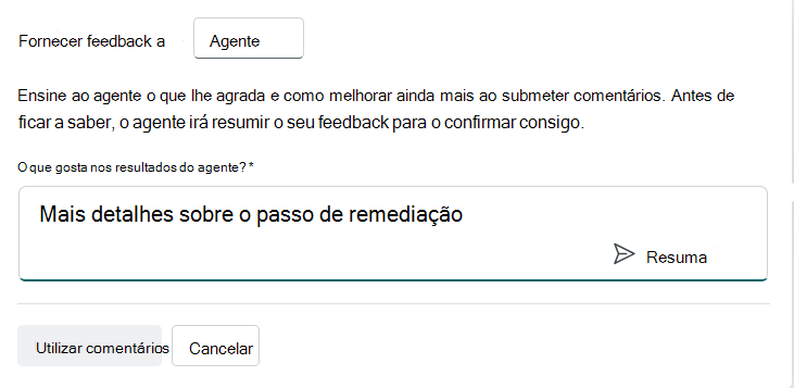 Opção de comentários do agente