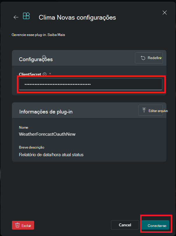 Captura de tela que mostra a Etapa para inserir o segredo do cliente