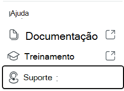 Captura de tela mostrando as opções de menu do ícone de ajuda, incluindo documentação, treinamento e suporte.