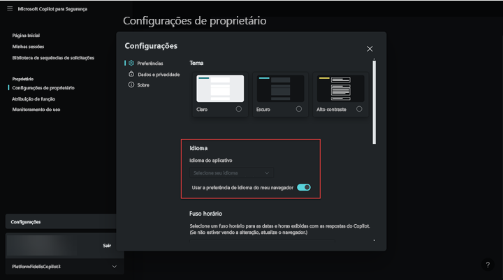 Captura de tela da seleção de idioma.