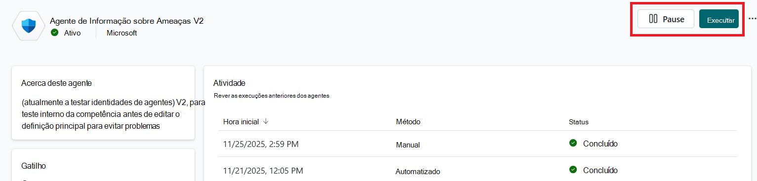 Pausar ou executar o agente