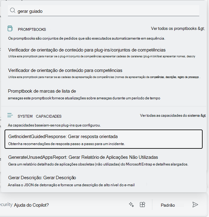 Captura de tela mostrando a lista filtrada de recursos do sistema para o plug-in do Microsoft Defender XDR.