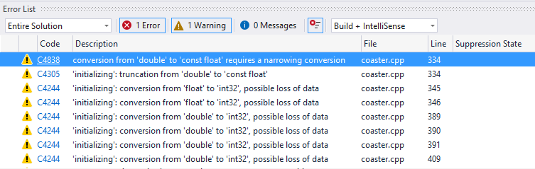 Captura de ecrã da janela Lista de Erros do Visual Studio