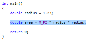 Captura de ecrã que mostra o seguinte código que é destacado preparatório a ser extraído: double area = M_PI * readious * radious;.