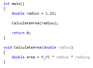 Captura de tela da função criada que contém o código extraído. A definição é void CalculateArea(raio duplo).