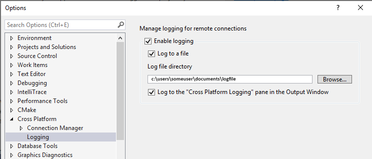 Captura de tela da tela de opções do Visual Studio.