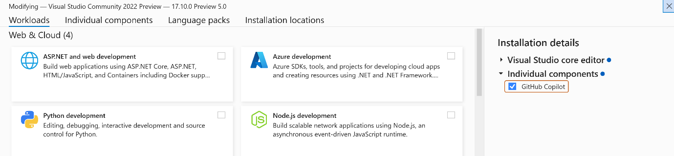 Captura de tela da opção de instalação do Visual Studio Installer GitHub Copilot.
