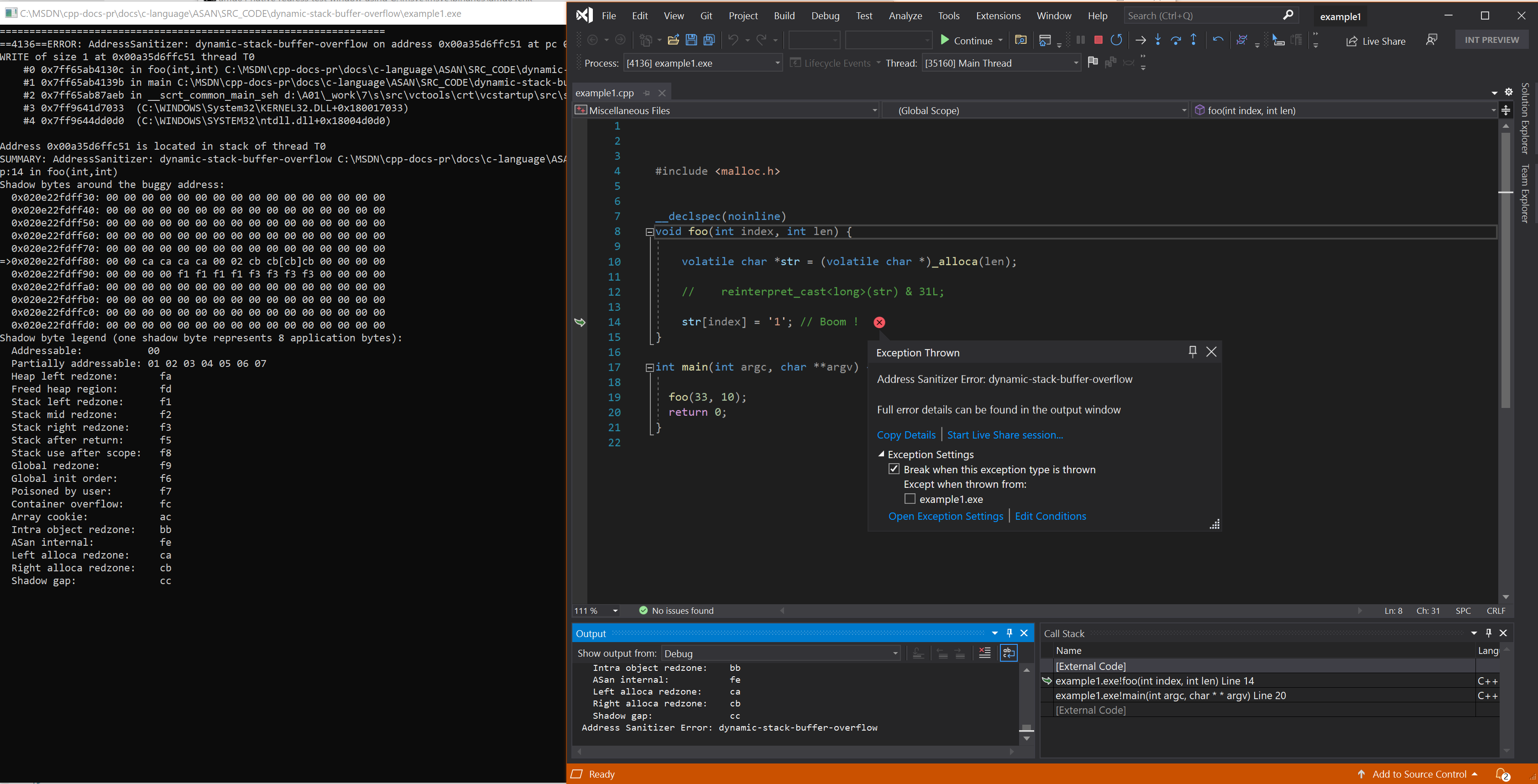 Captura de tela do depurador exibindo o erro dynamic-stack-buffer-overflow no exemplo 1.