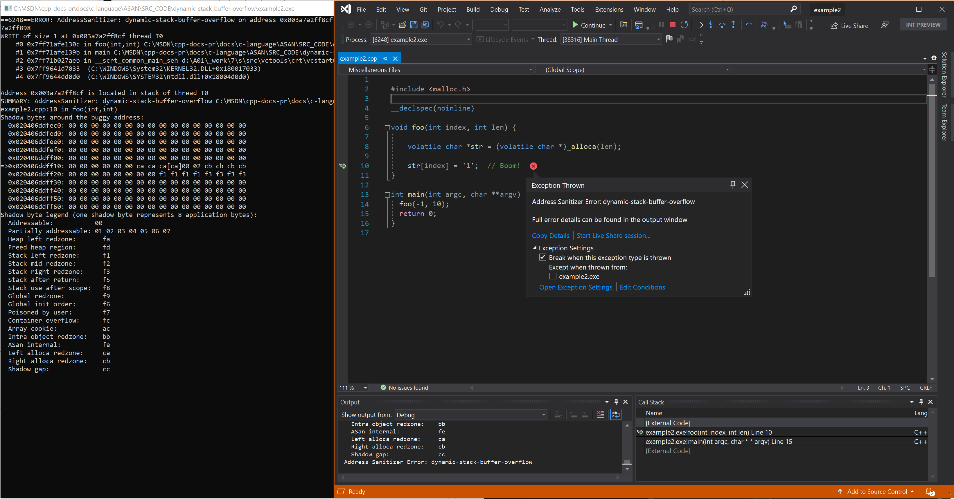 Captura de tela do depurador exibindo o erro dynamic-stack-buffer-overflow no exemplo 2.