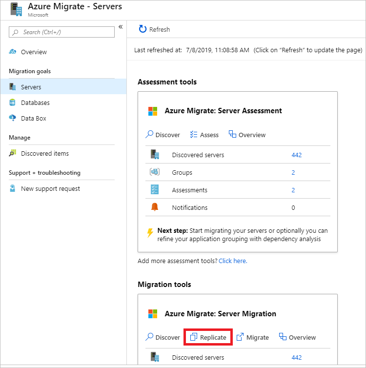 Captura de ecrã da Azure Migrate - Servidores mostrando o botão Replicar selecionado em Azure Migrate: Migração de Servidores em Ferramentas de Migração.