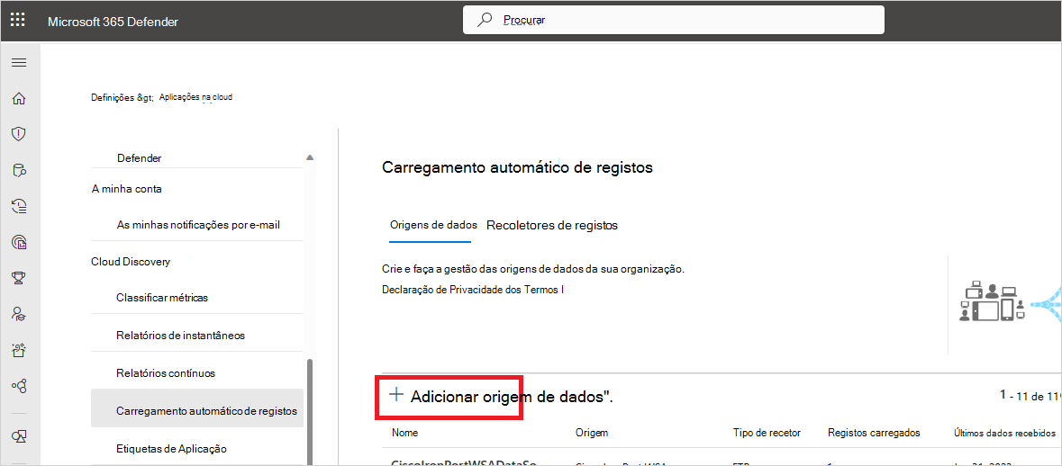 Captura de ecrã do separador de fontes de dados a mostrar o botão Adicionar fonte de dados nas definições de Descoberta na Cloud.
