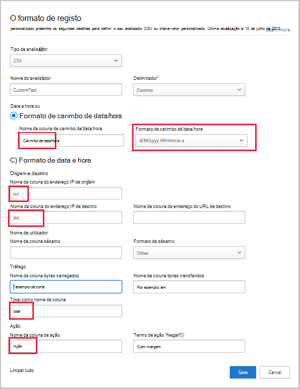 Captura de ecrã da caixa de diálogo de formato de registo personalizado, com valores preenchidos.