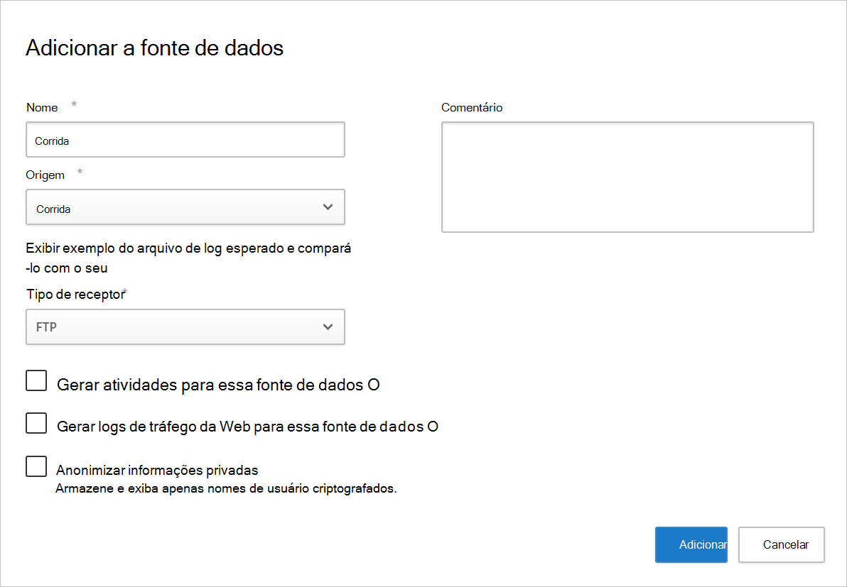 Captura de ecrã da página Adicionar fonte de dados com Corrata selecionada como fonte.