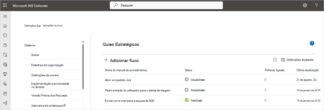 Captura de ecrã da página Playbooks do Microsoft Defender Portal, em Definições: Aplicações na Cloud, Sistema, que lista os playbooks disponíveis.