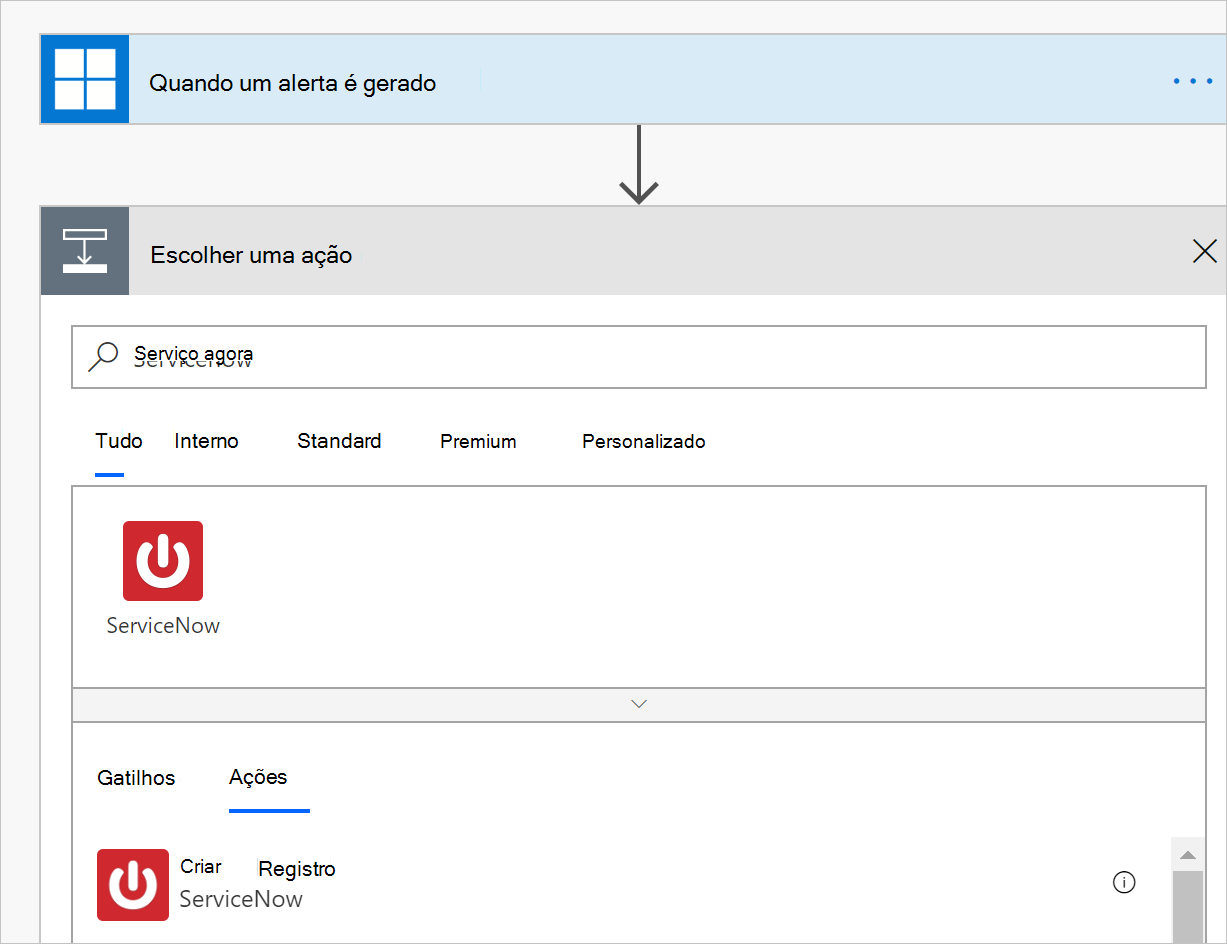 Captura de ecrã do fluxo de trabalho do Power Automate a mostrar o acionador do alerta e a ação configurada do conector ServiceNow.