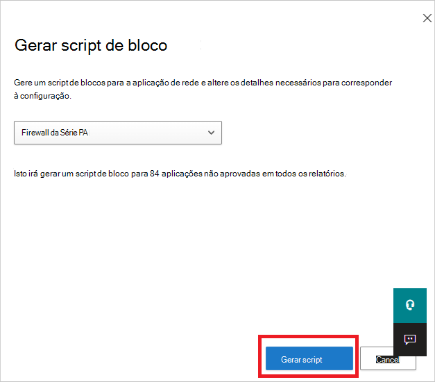 Captura de ecrã do botão Gerar script usado para criar um script de bloco para todas as aplicações não autorizadas.