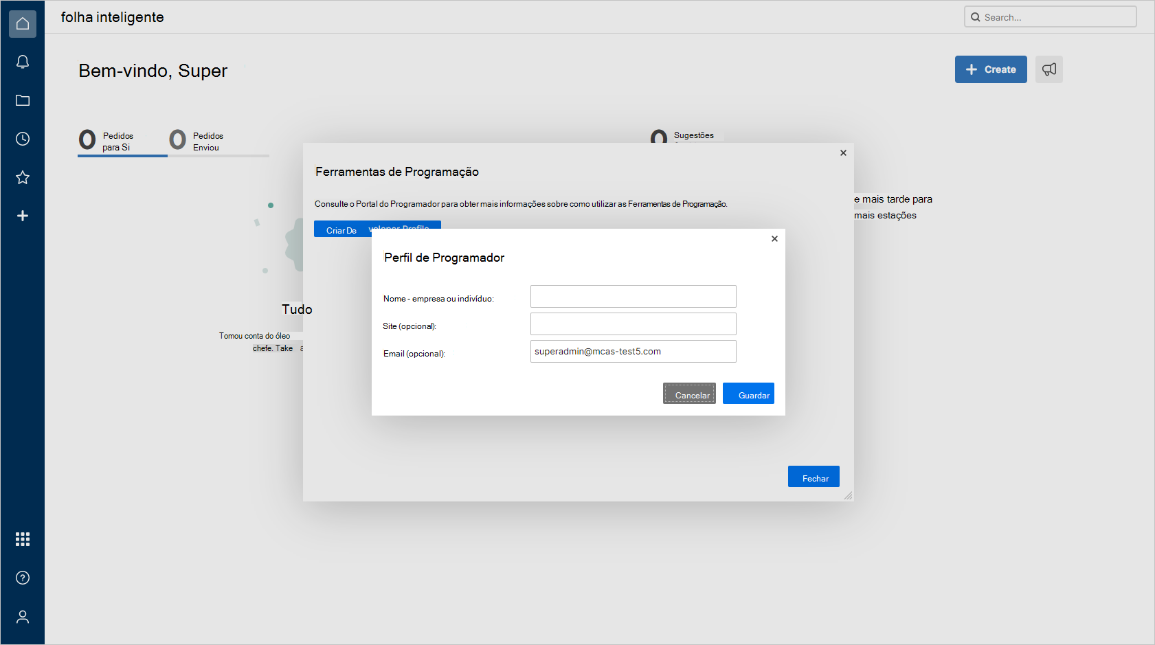 Captura de ecrã do formulário Criar Perfil de Desenvolvedor com campos para introduzir o seu nome e endereço de email.