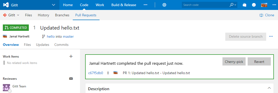 Captura de tela do exemplo de interface do usuário de solicitação pull.