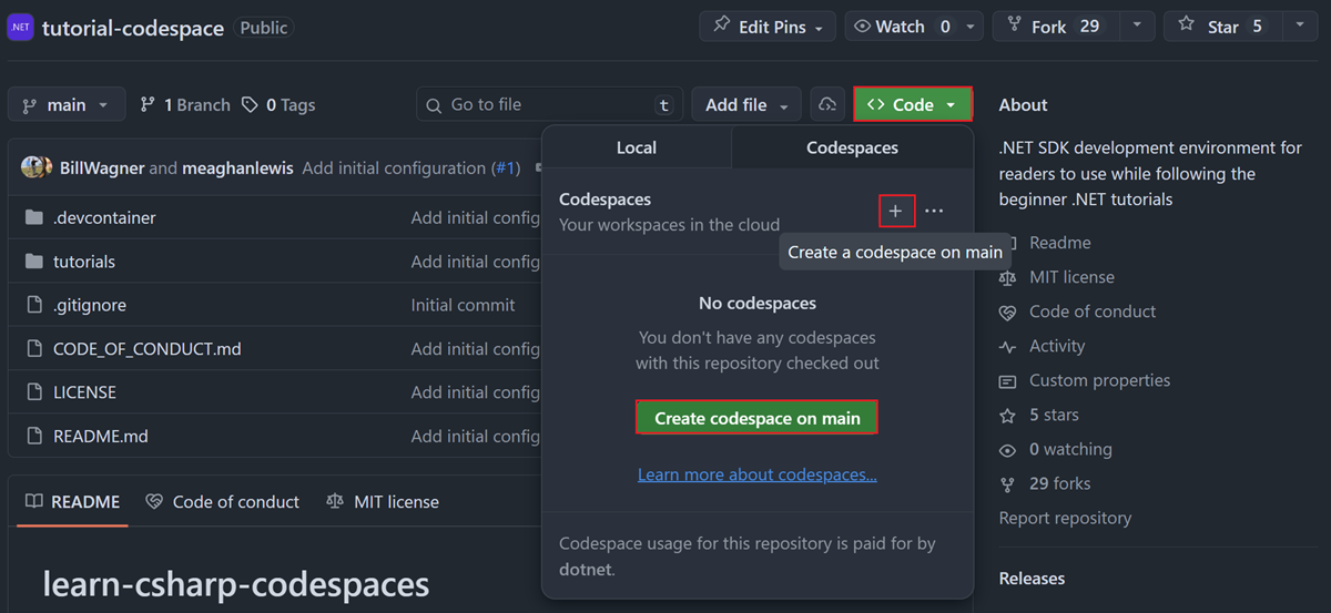 Crie um novo Codespace a partir do repositório do tutorial