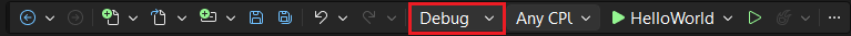 Barra de ferramentas do Visual Studio com depuração destacada