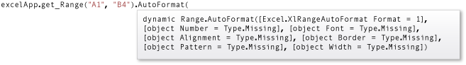 Captura de ecrã mostrando informação rápida do IntelliSense para o método AutoFormat.