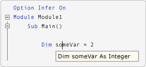 Captura de tela mostrando o modo de exibição IntelliSense quando a opção Infer está ativada.