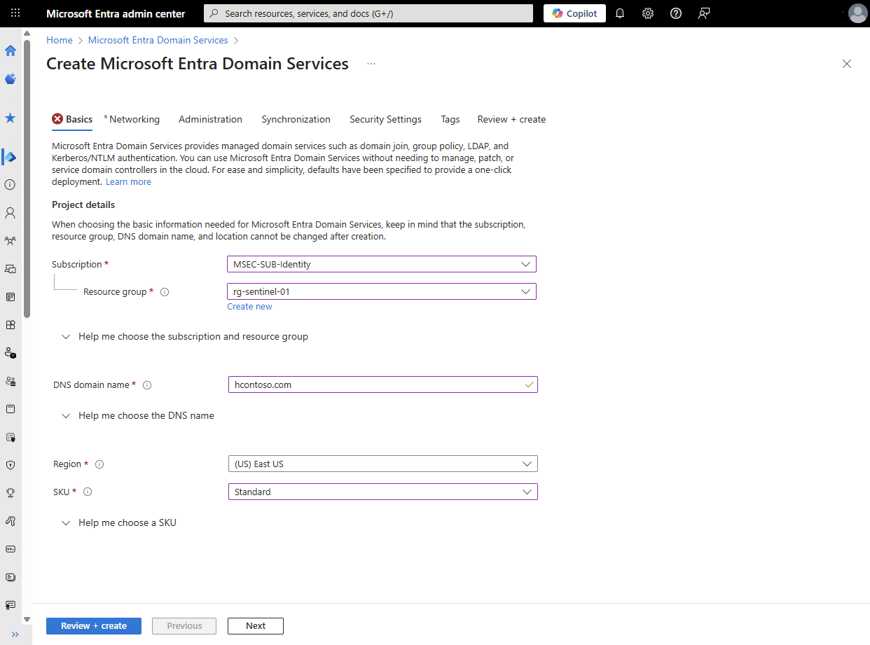 Captura de ecrã da página de configuração Basics para um domínio gerido.
