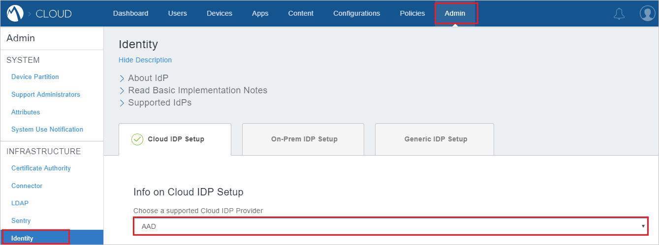 A captura de tela mostra a guia Administrador do site MobileIron com a opção Identidade selecionada.