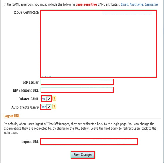 A captura de ecrã mostra a seção Configurações de Único Sign-On onde você pode inserir os valores descritos.