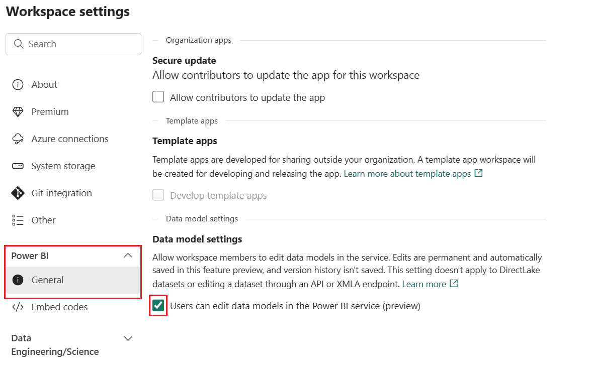 Captura de tela da caixa de seleção das configurações do modelo de dados.
