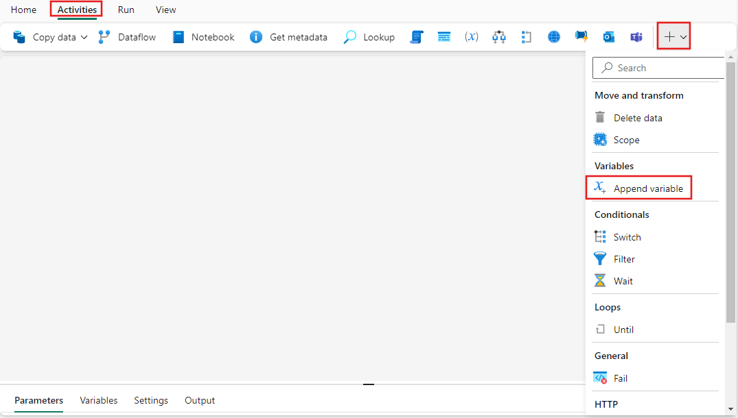 Captura de tela mostrando a criação de uma nova variável do tipo de array para um pipeline.