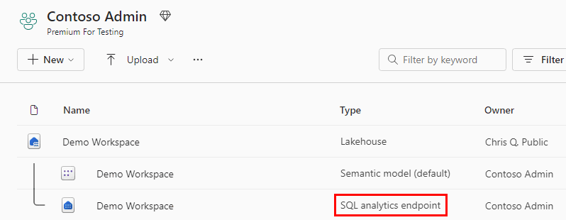 Captura de tela mostrando o tipo de ponto de extremidade da análise SQL no espaço de trabalho.