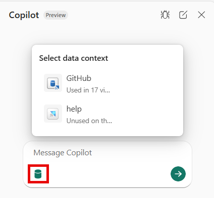 Captura de ecrã da seleção de uma fonte de dados no painel do Copilot.