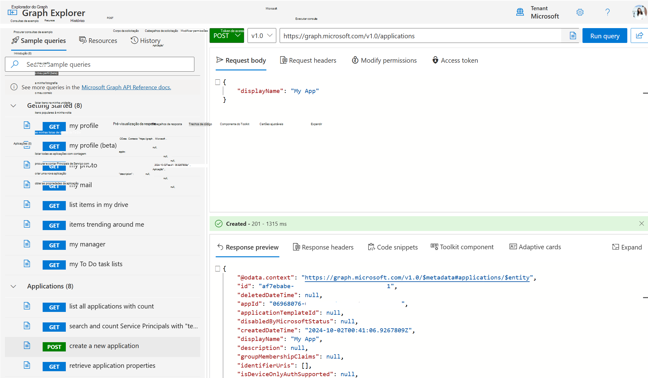 Captura de tela do Graph Explorer executando uma consulta POST para criar um novo aplicativo.